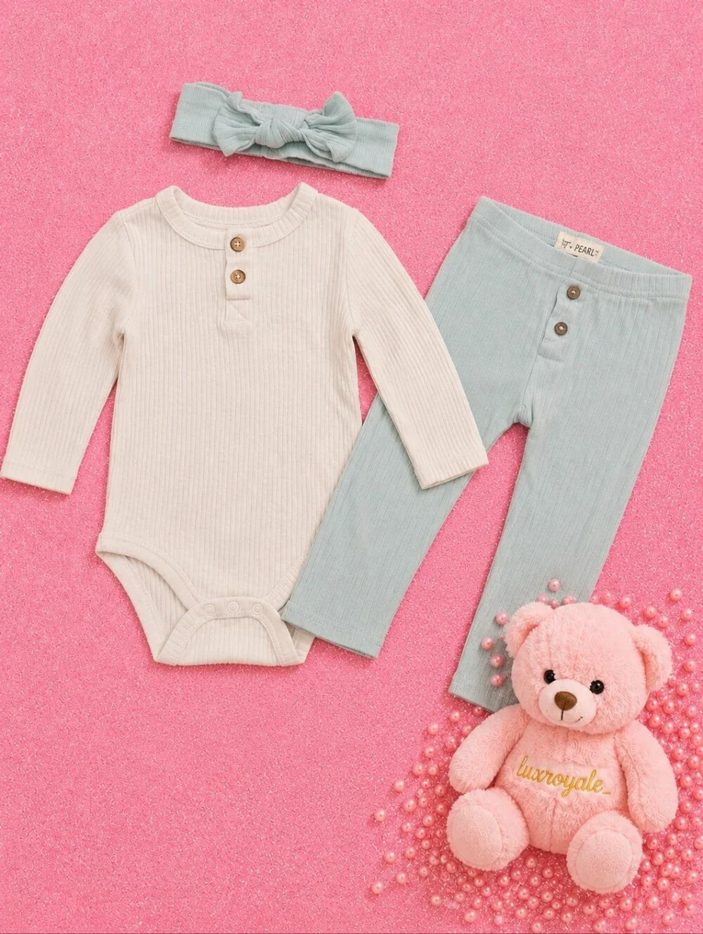 Cat & Jack Baby Outfit 6-9 Months Kit & Pearl Ribbed Leggings Bow Headband 3PC